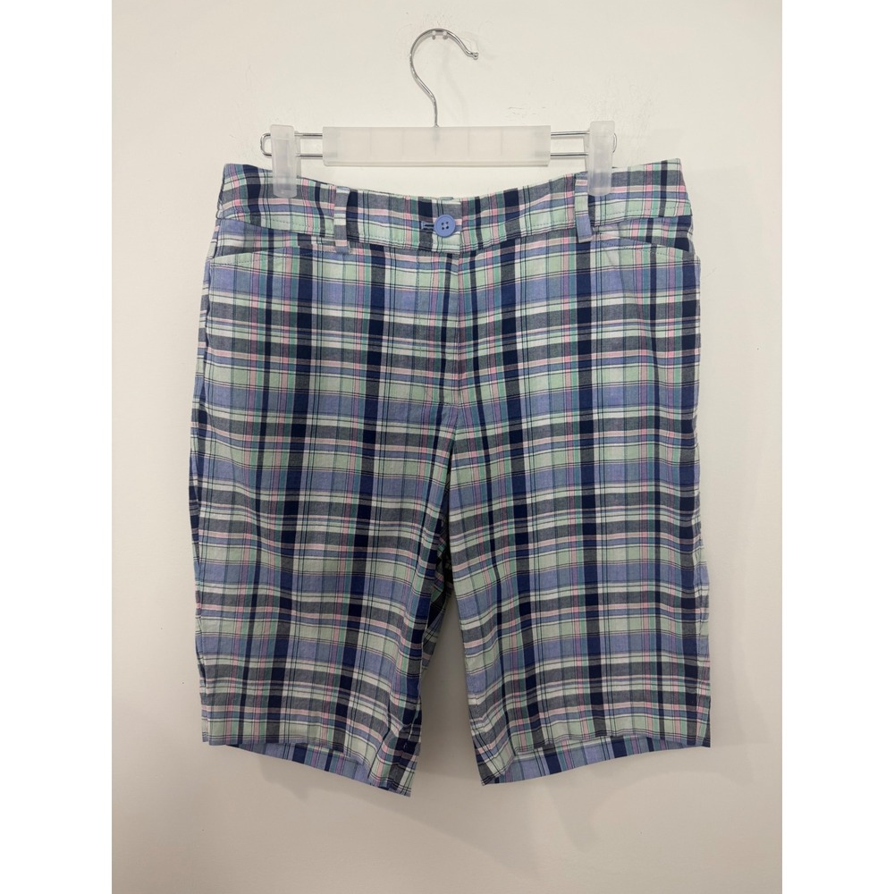 Talbots Womens Blue Green Pink Plaid Chino Shorts Size 6 Cotton Stretch Preppy